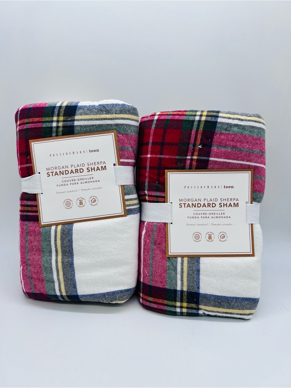Pottery Barn Teen Morgan Plaid Sherpa Standard Sham in Red, White Set of 2 NWT